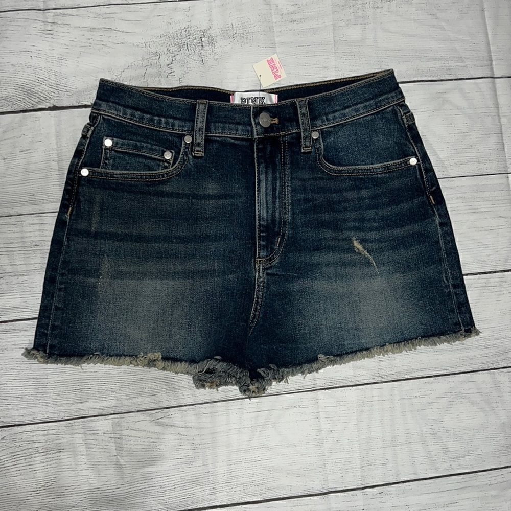 NEW Pink VS Victoria’s Secret High-Waisted Cut Off Distressed Denim Shorts sz 8